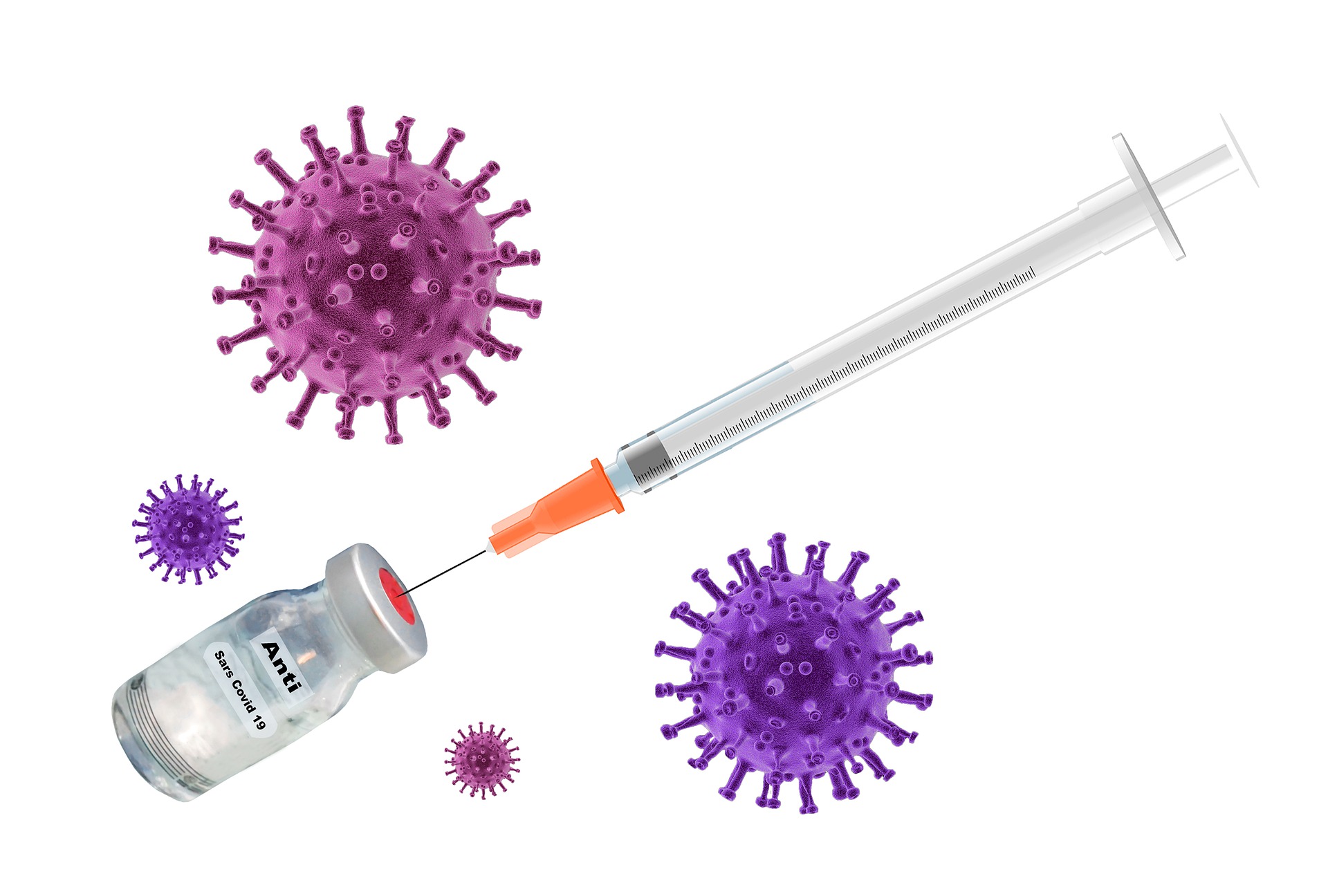 Auf diesem Bild ist eine Spritze mit einer Impfdosis und zwei Viren zu sehen.